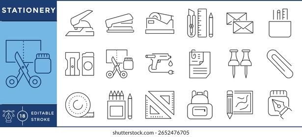 Conjunto de iconos de elementos estacionarios. Grapadora, encuadernación, escala, lápiz, borrador, sacapuntas, bolso, pistola de pegamento, colores, y muchos más. Vector de trazo editable.