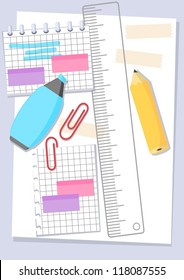 stationary items set - blank paper with ruler, pen, highlighter, notes