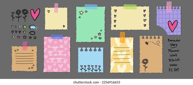 Stationary memo note pads stickers isolated on dark background vector bundle. Colorful notebook pages with doodle style decor elements and scotch tapes. Planner, to do list, reminder headers set.