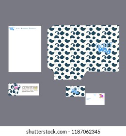 Stationary mock up, set milk food drink product and package template Gift,voucher,business card white colour background with  blue texture cow skin. world Milk Day 1 June.