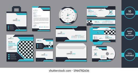 Stationary pack design with blue and deep cyan color simple gradient shapes.