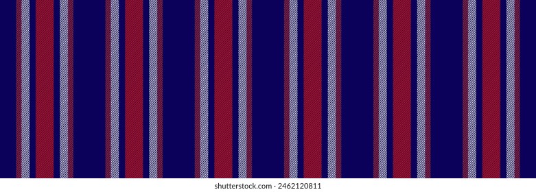 Stationary pattern textile texture, presentation seamless background fabric. Calm lines vector stripe vertical in indigo and red color.