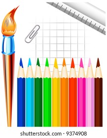 Stationary, pencil, brush, ruler, paper clip, vector