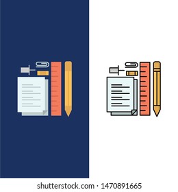 Stationary, Pencil, Pen, Notepad, Pin  Icons. Flat and Line Filled Icon Set Vector Blue Background. Vector Icon Template background