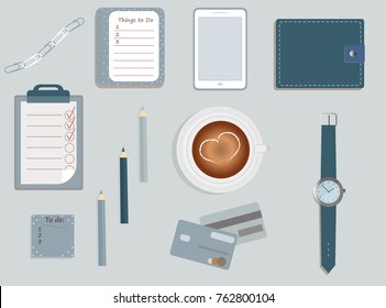 Stationary. A planner. To Di lists. A cup of coffee. Pencils. A wallet. Wrist watch. Credit cards. Mobile phone. Clips. Vector illustration. 