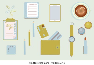 Stationary. A planner. To do lists. A cup of coffee. Pencils. A wallet. Wrist watch. Credit cards. Mobile phone. Clips. A lipstick. Macaroons. Vector illustration. 