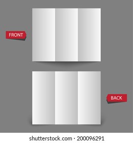 Stationary positioned blank three fold paper brochure on gray background. 