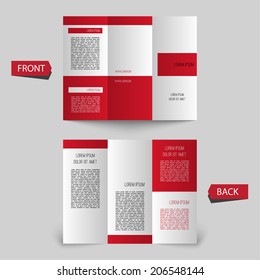 Stationary positioned blank three fold paper brochure on gray background. 
