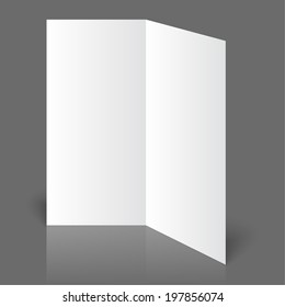 Stationary Positioned Blank Two Fold Paper Brochure On Gray Background. Open Magazine. 