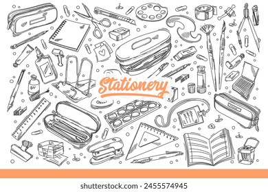 Stationary for school and college students or office employees doing paperwork. Stationary for writing conspectus and preparing reports or drawing artwork or taking notes. Hand drawn doodle