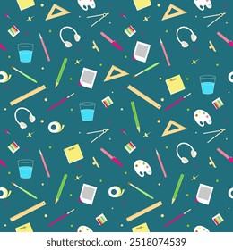 Estacionário, ciência ou de volta à escola vetor padrão sem emenda com régua triangular, papel, clipe, adesivos, bússola para desenho, fone de ouvido, lápis, fita, pintura, lista de tarefas e alfinetes.
