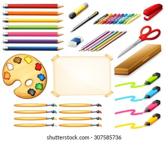 Stationary set with color pencils and art objects illustration