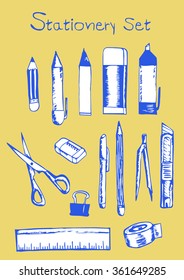 Stationary set line draw blue and yellow color.