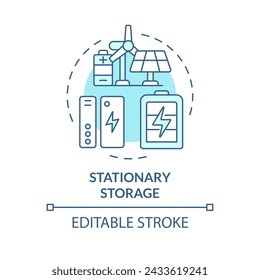 Icono de concepto de almacenamiento estacionario azul suave. Fuente de energía de alta densidad. Alimentación de la batería. Ilustración de línea de forma redonda. Idea abstracta. Diseño gráfico. Fácil de usar en folleto, folleto