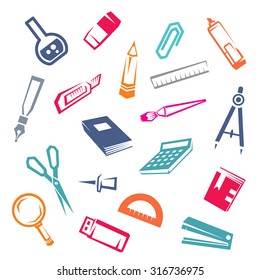 stationary stylized icons set, vector sketch of stationary symbols