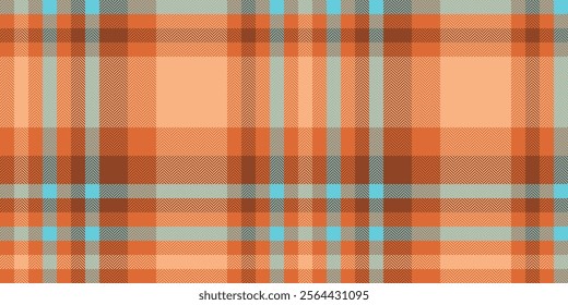 Stationary tartan fabric plaid, harmony seamless pattern textile. Vogue check texture vector background in orange and cyan colors palette.