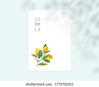 Stationary Template with Lemon Fruits, Leaves and Flowers on White Paper Sheet. Summer Botanical Design Background with Tree Branches Shadow, Corporate Business Brand Identity. Vector Illustration