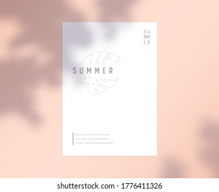 Stationary Template with Palm Leaf Sketch. Corporate Business Card, Brand Identity with Botanical Floral Design on White Paper Sheet Background with Tree Branch and Leaves Shadow. Vector Illustration