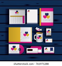 stationary templates of documentation romantic date design of business stationery over blue wooden background