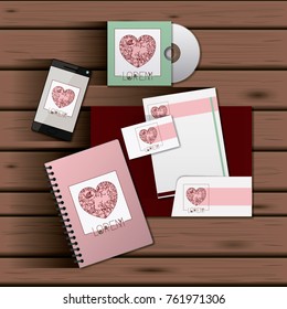 stationary templates of documentation romantic date design of business stationery over wooden background