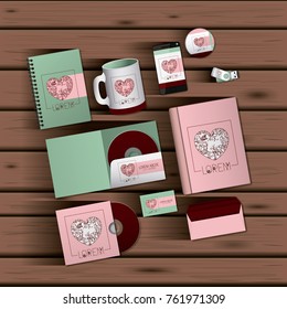 stationary templates of documentation romantic date design of business stationery over wooden background