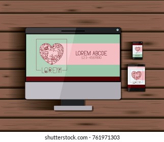 stationary templates with tech devices heart corporate logo screen on wooden background