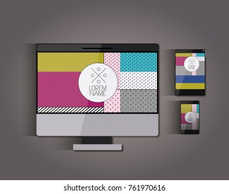 stationary templates with tech devices texture corporate image in screen on gray background