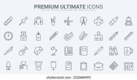 Stationary thin line icons set vector illustration. Abstract outline glue and scissors, staple and ruler, calculator and pencil for school education or office secretary, stationery for workspace