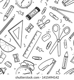 Stationary tool pattern. Seamless vector design; Hand drawn outline of eraser, triangular ruler, scissor, sharpener, pencil, glue stick, paper clip, crayons, alarm clock, highlighter, ruler. For print