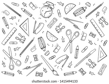 Stationary tools background, Vector illustration Doodle on wide background. Hand drawn outline of stationary tools. For print, web, home decor, fashion, surface, graphic design