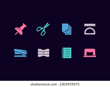 Conjunto de iconos de vector estacionario. Iconos de suministros de Office. Herramientas de trabajo y accesorios escolares.