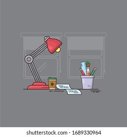 Stationary Work Study Desk Table Pencil Pen Coffee Study Lamp Paper Flat Design Vector Illustration