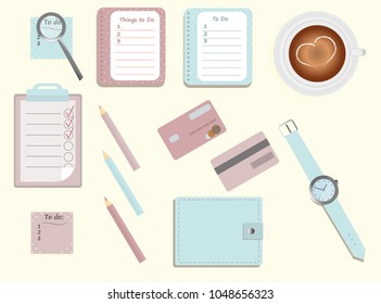 Stationary.A planner. To Di lists. A cup of coffee. Pencils. A wallet. Wrist watch.Magnifier.Credit cards. Vector illustration. 