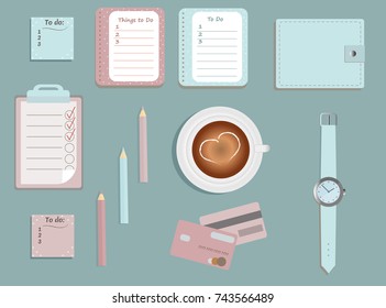 Stationary.A planner. To Di lists. A cup of coffee. Pencils. A wallet. Wrist watch.Credit cards. Vector illustration. 