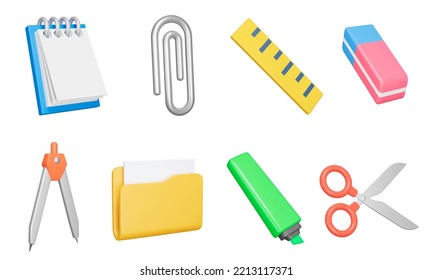 Stationery 3d icon set  Writing materials  office supplies  Notebook  paper clip  eraser  compass  folder  highlighter  scissors   ruler  Isolated icons  objects transparent background