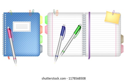 Stationery accessories. Notebook with staples and a bookmark and three pens