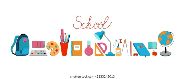 Stationery, accessories for study. Lettering, school, set of icons. Education. Color vector illustration. The background is isolated.