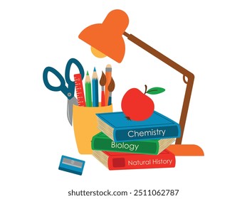 Stationery, apple and desk lamp. Set of school, college or university items. Books, pencils, ruler, scissors. Vector illustration.