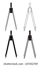 Stationery architecture compasses in 4 styles. Color. Line art. Black and white. No outline. Vector clip art illustration isolated on white