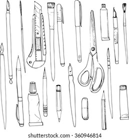 stationery, art materials, line drawing pens and pencils,  tubes of paint, brushes, hand drawn vector illustration