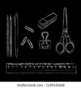 stationery, art materials, scissors, ruler, pencil, paper clip, eraser. vector illustration of painted with chalk.