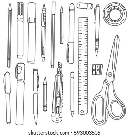 stationery, art materials, scissors, tape and ruler, pencil sharpener and stapler paper, line drawing , hand drawn vector illustration