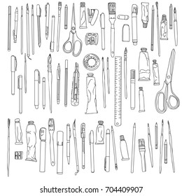 stationery, art materials, scissors, tape and ruler, pencil sharpener and stapler paper, brushes and tubes of paint, hand drawn vector illustration