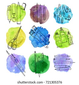 stationery, art materials and watercolor stains, hand drawn vector illustration