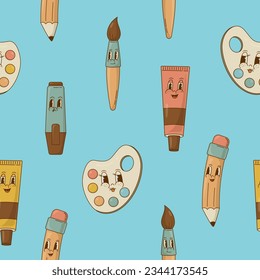 Stationery, artist supplies retro cartoon mascot seamless pattern. Vintage pencil, oil, paint, brush, marker vector illustration. 