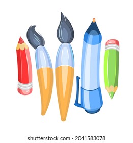 Stationery assortment. Brushes and pencils. Isolated on white background. Cartoon funny style. Symbolic object. Childrens design. Vector