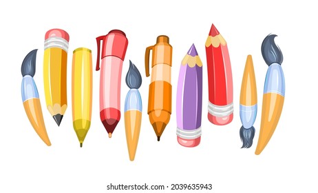Stationery assortment. Horizontal composition. Brushes and pencils. Cartoon funny style. Isolated on white background. Symbolic object. Childrens design. Vector