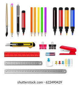 Stationery assortment set of rulers pencils markers and other items isolated on white background realistic vector illustration