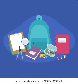 stationery back to school, bag with simple vector