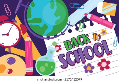 Schreibwaren mit Schulbanner, Vektorgrafik, Illustration
